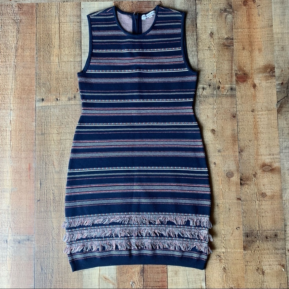 Cupcake and cashmere knit navy geometric shapes with fringe short sleeve dress